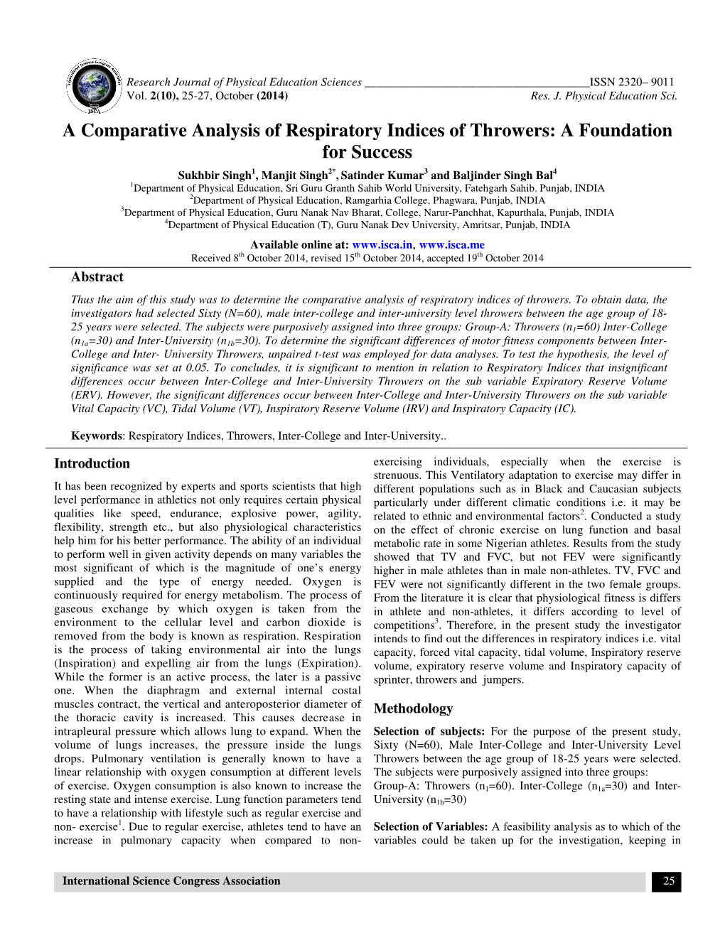 A Comparative Analysis of Respiratory Indices of Throwers: a Foundation