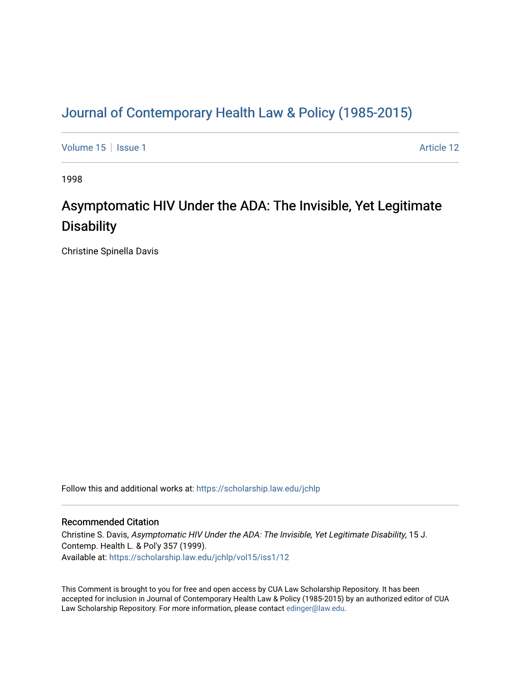 Asymptomatic HIV Under the ADA: the Invisible, Yet Legitimate Disability