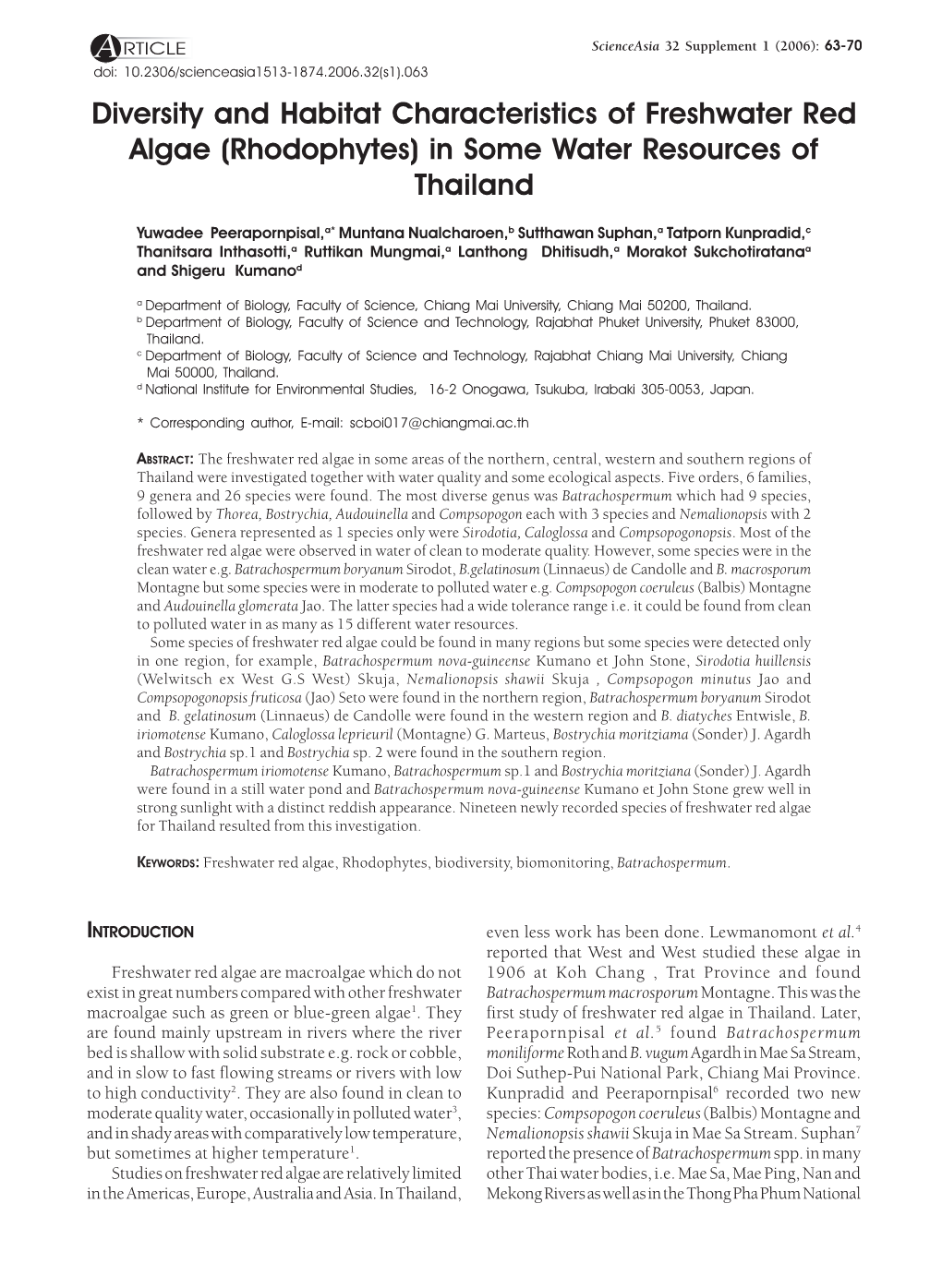 Diversity and Habitat Characteristics of Freshwater Red Algae (Rhodophytes) in Some Water Resources of Thailand