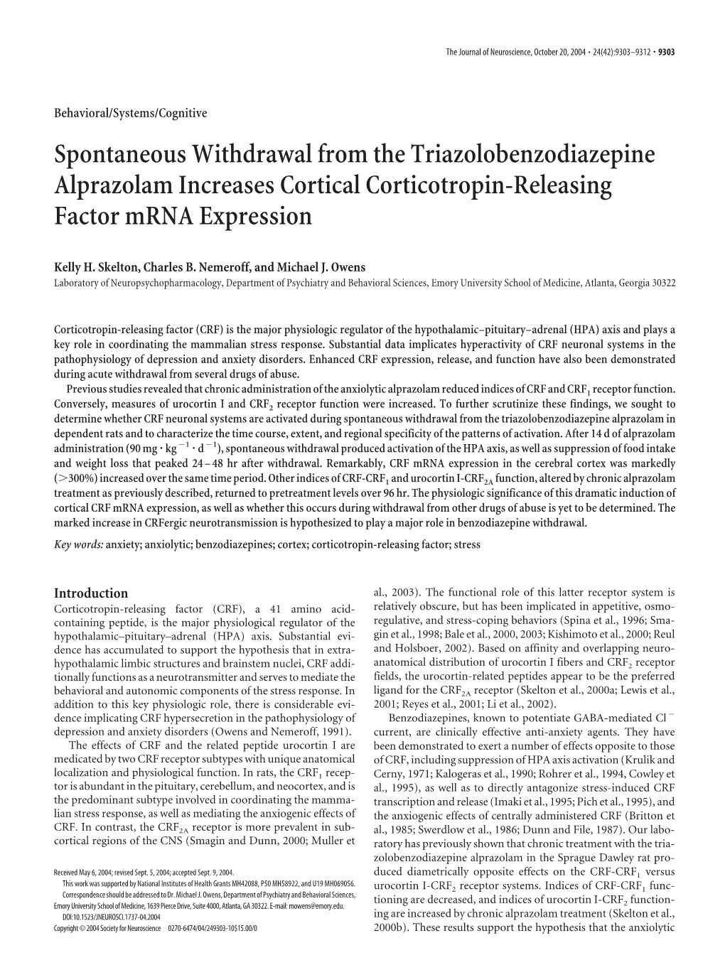 Spontaneous Withdrawal from the Triazolobenzodiazepine Alprazolam Increases Cortical Corticotropin-Releasing Factor Mrna Expression