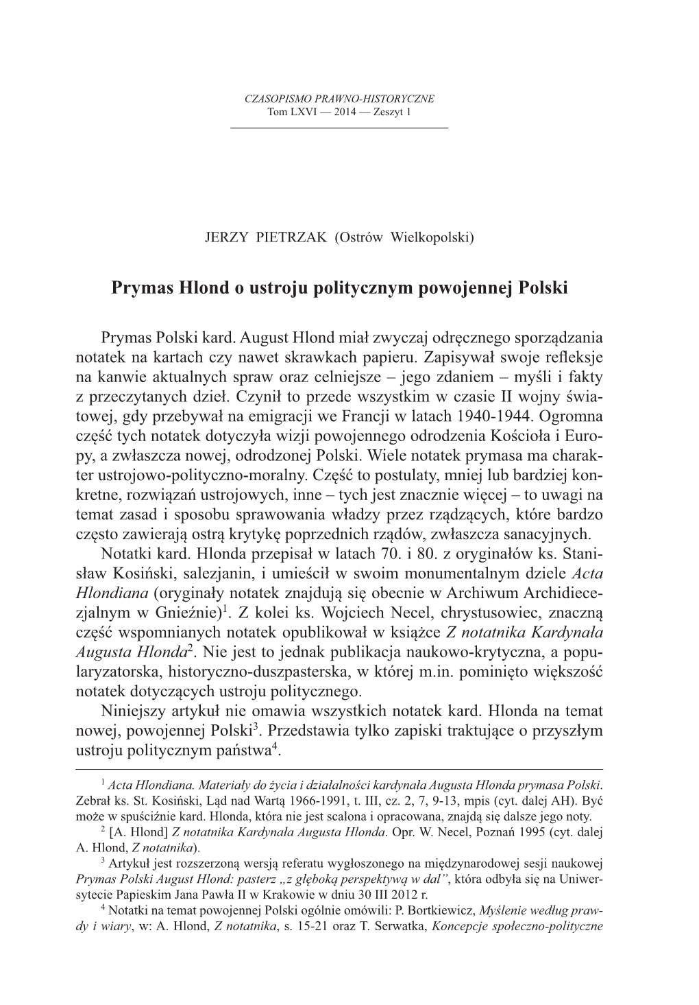 Prymas Hlond O Ustroju Politycznym Powojennej Polski