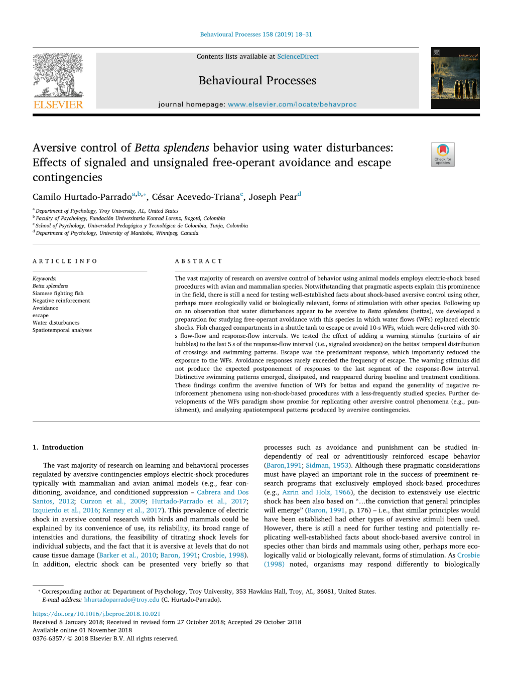 Aversive Control of Betta Splendens Behavior Using Water Disturbances Effects of Signaled and Unsignaled Free-Operant Avoidance