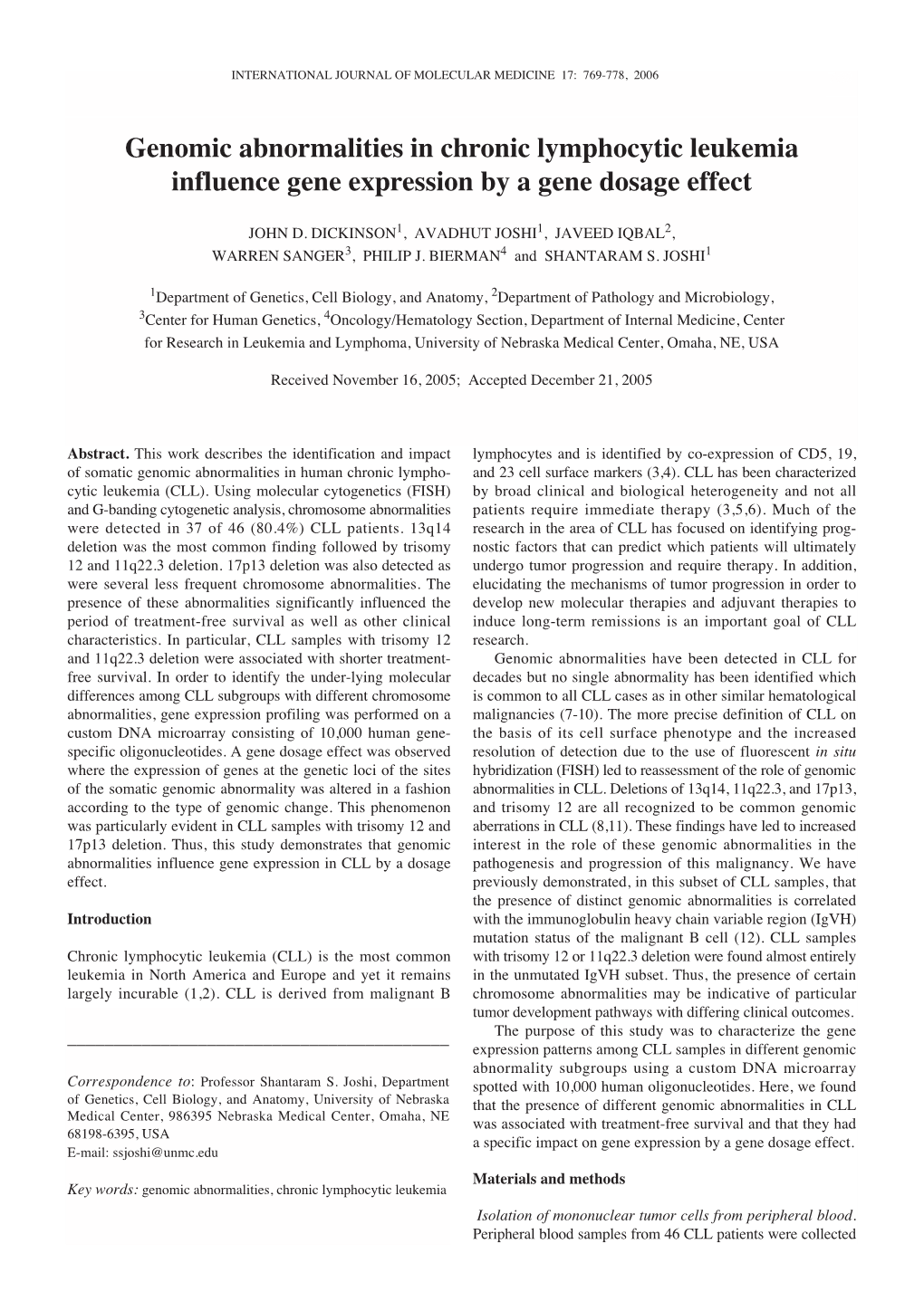 Genomic Abnormalities in Chronic Lymphocytic Leukemia Influence Gene Expression by a Gene Dosage Effect