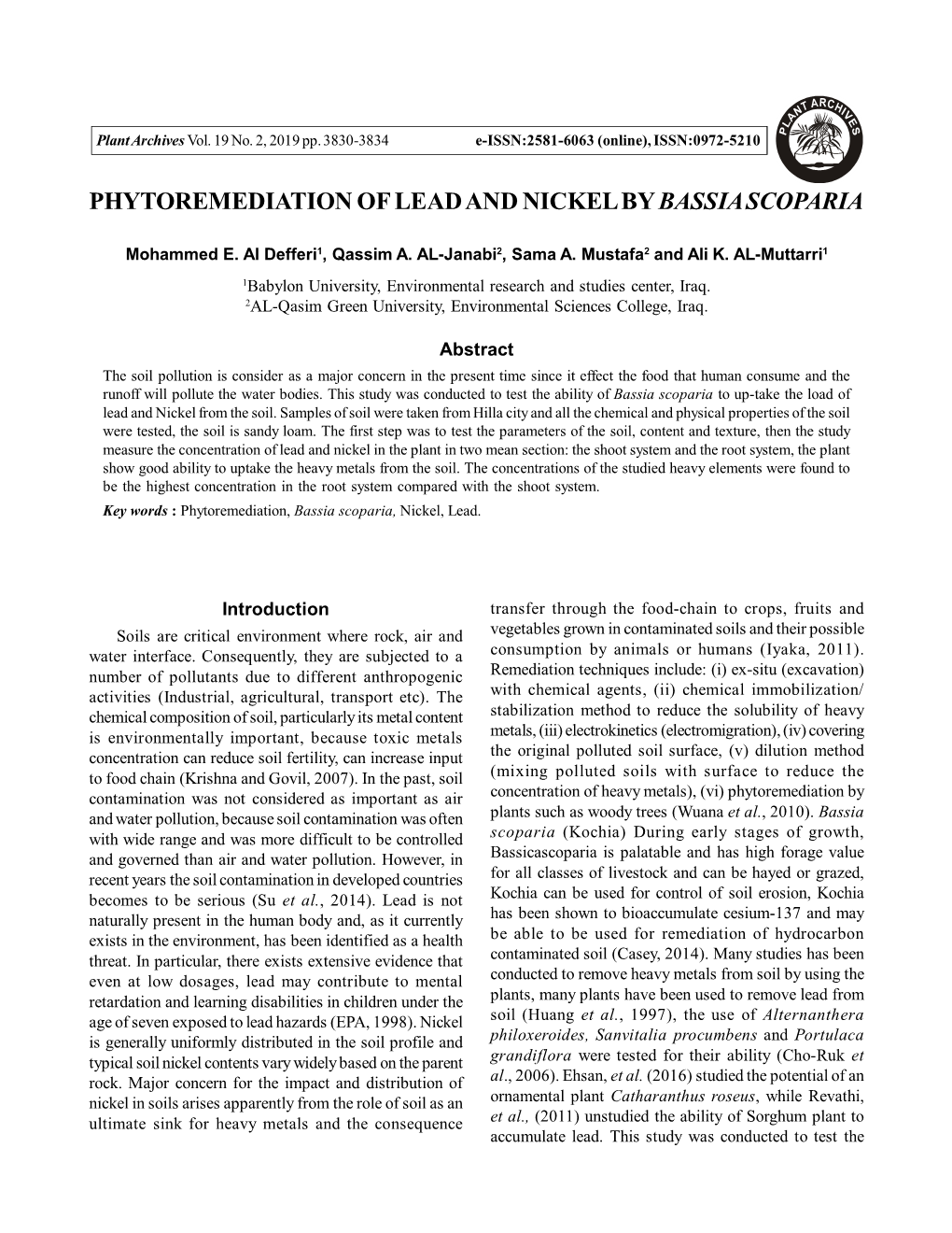 Phytoremediation of Lead and Nickel by Bassia Scoparia