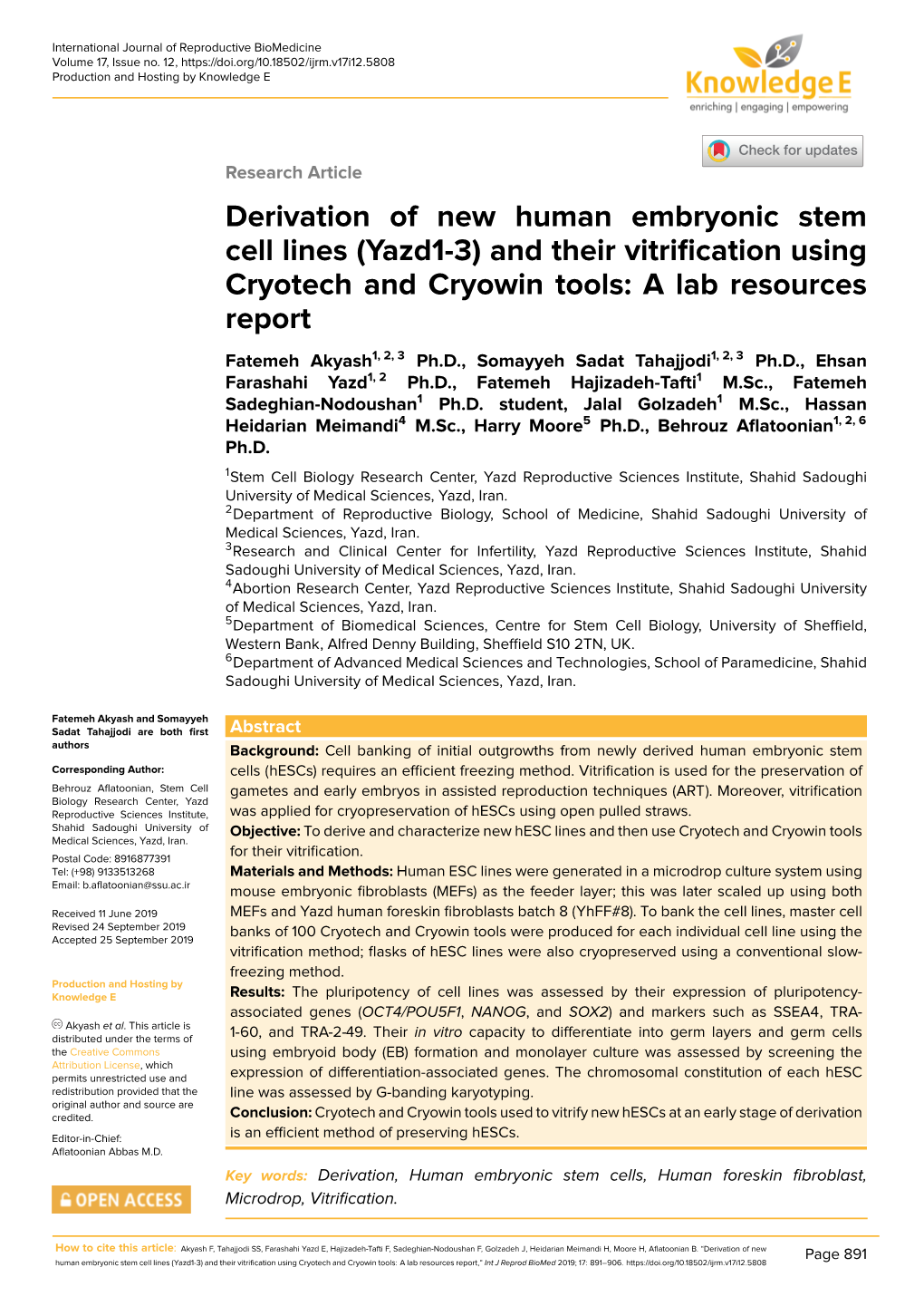 Derivation of New Human Embryonic Stem Cell Lines (Yazd1-3)