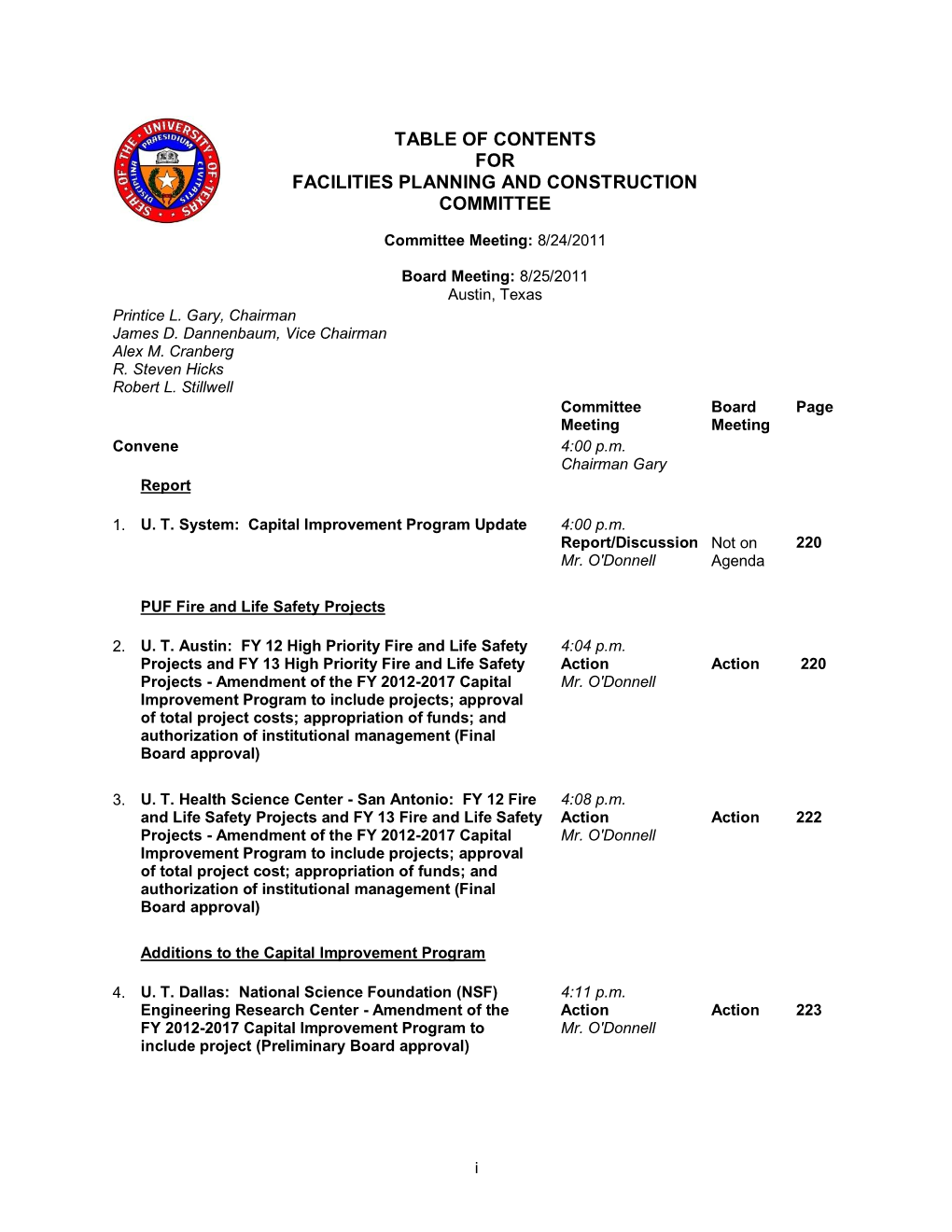 August 2011 Table of Contents for Meeting of the Board