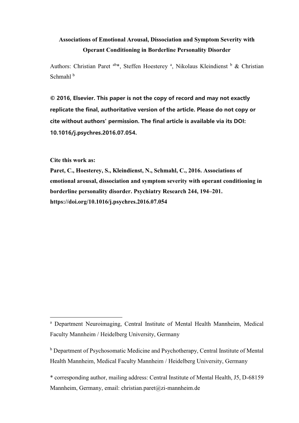 Associations of Emotional Arousal, Dissociation and Symptom Severity with Operant Conditioning in Borderline Personality Disorder