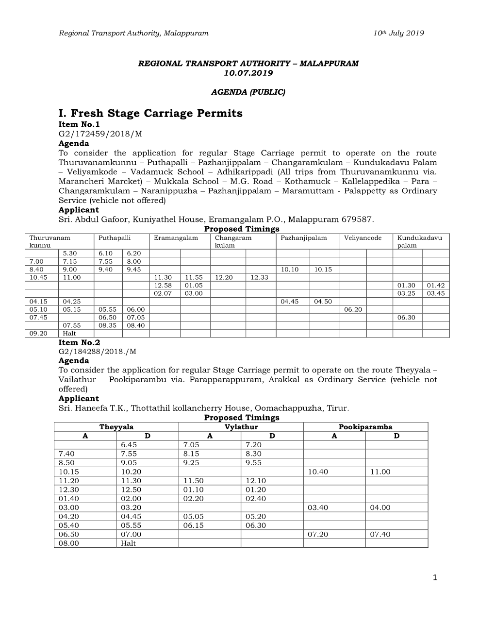 I. Fresh Stage Carriage Permits