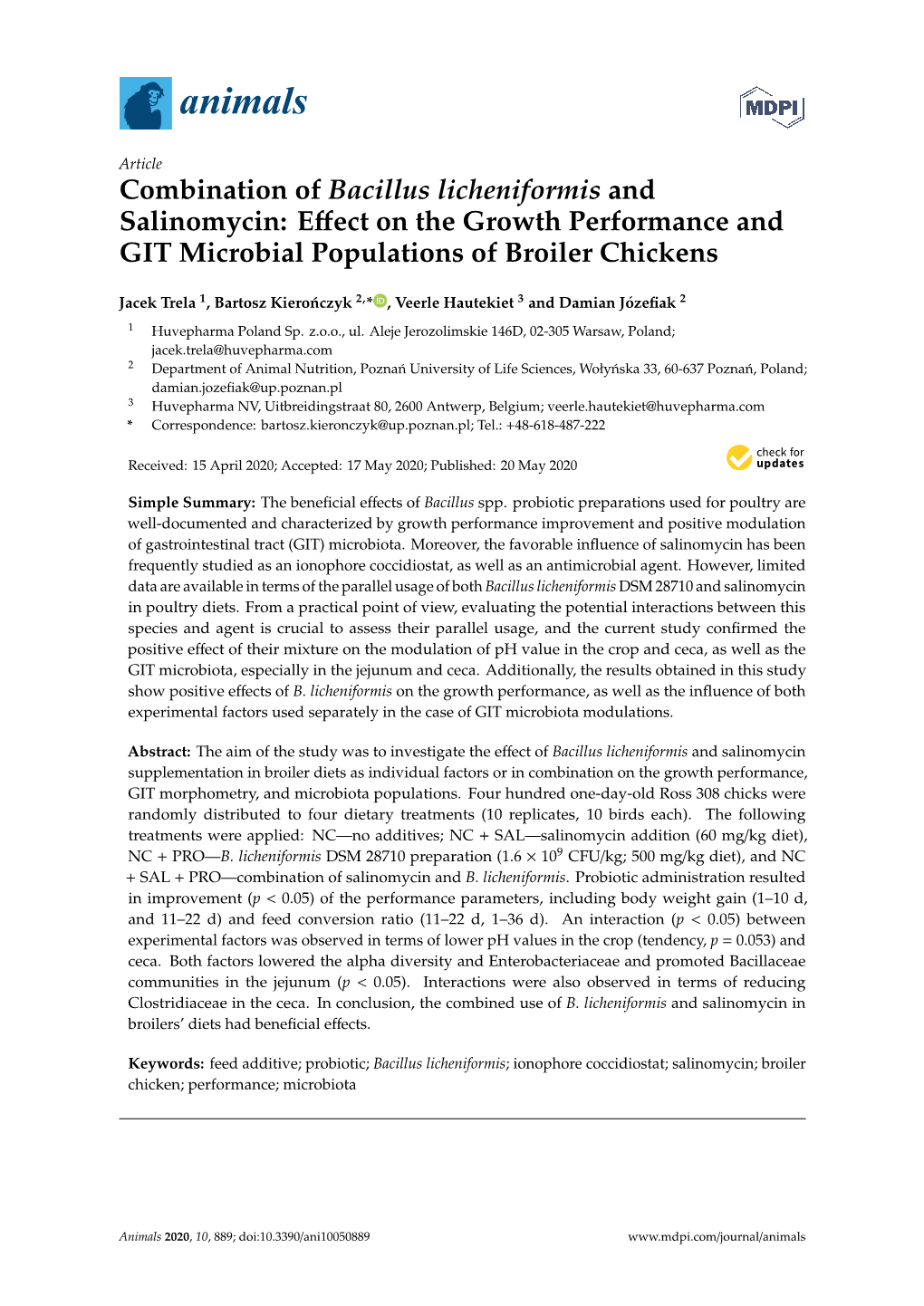 Combination of Bacillus Licheniformis and Salinomycin: Eﬀect on the Growth Performance and GIT Microbial Populations of Broiler Chickens