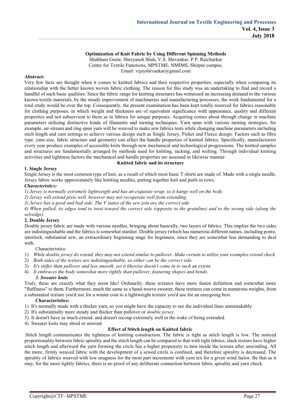 Optimization of Knit Fabric by Using Different Spinning Methods Shubham Geete, Shreyansh Shah, V.S