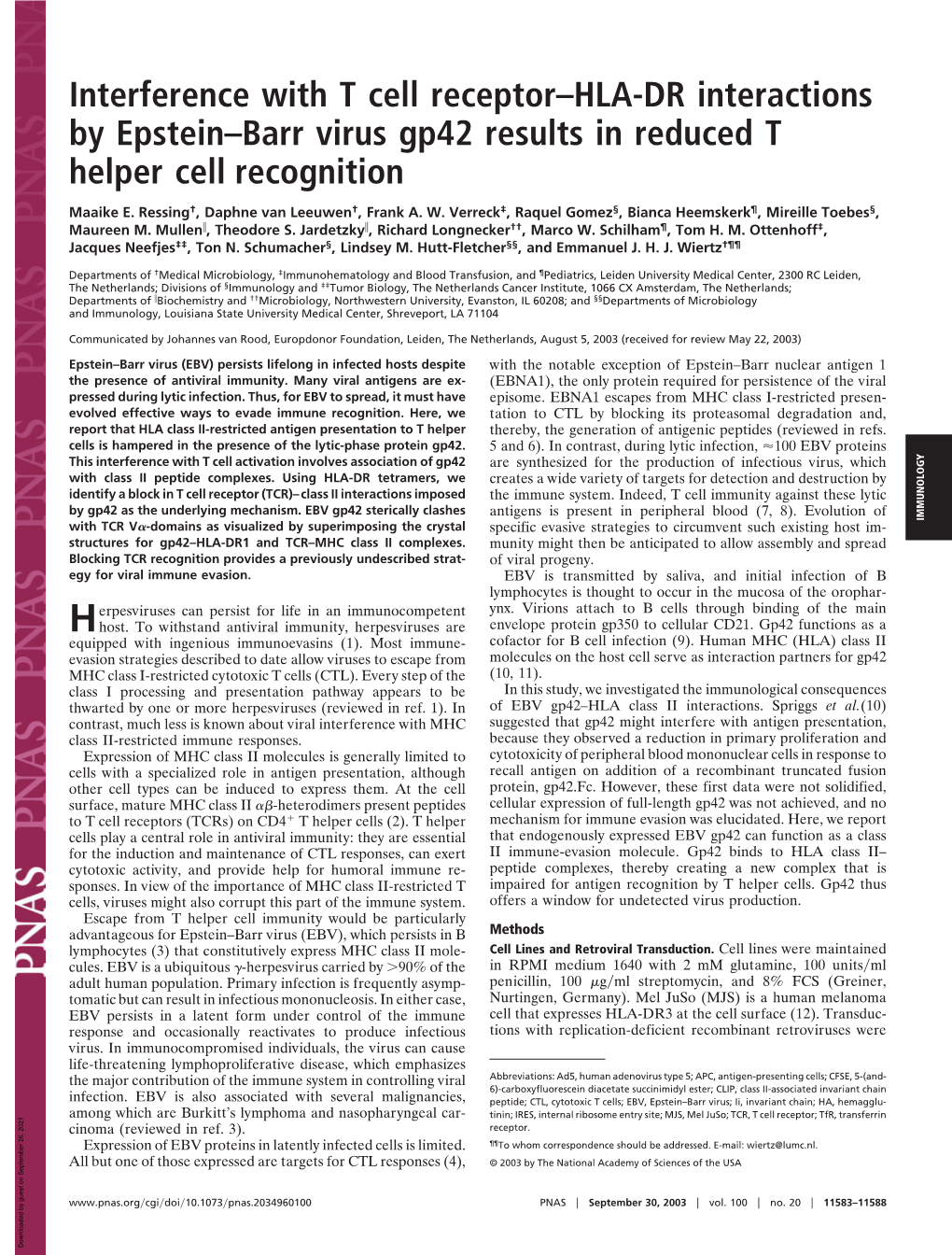 Interference with T Cell Receptor–HLA-DR Interactions by Epstein–Barr Virus Gp42 Results in Reduced T Helper Cell Recognition