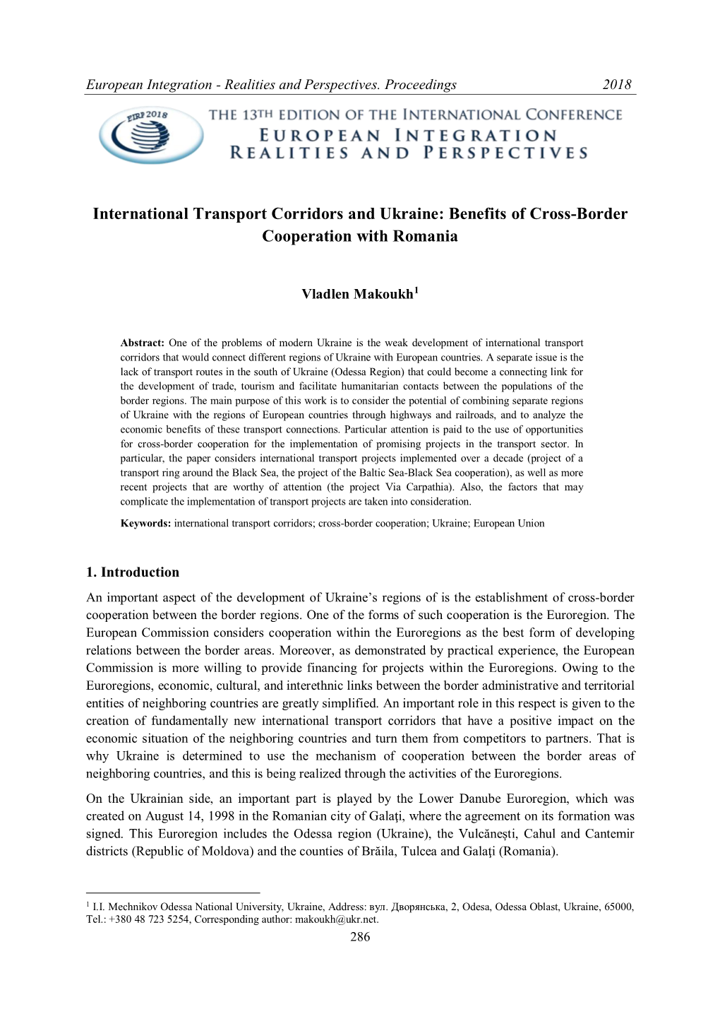 International Transport Corridors and Ukraine: Benefits of Cross-Border Cooperation with Romania