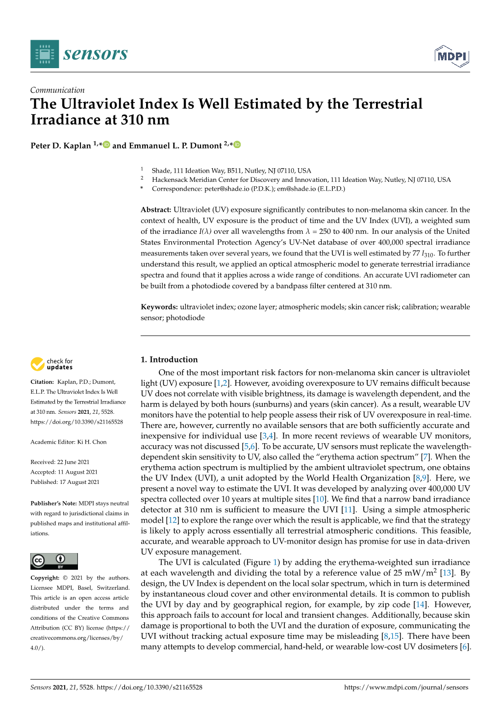 The Ultraviolet Index Is Well Estimated by the Terrestrial Irradiance at 310 Nm