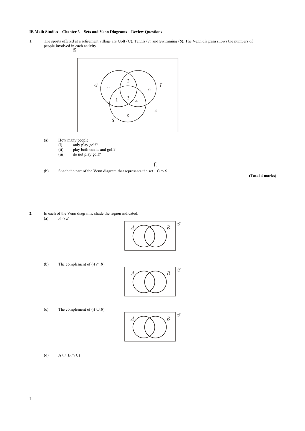 IB Math Studies Chapter 3 Sets and Venn Diagrams Review Questions