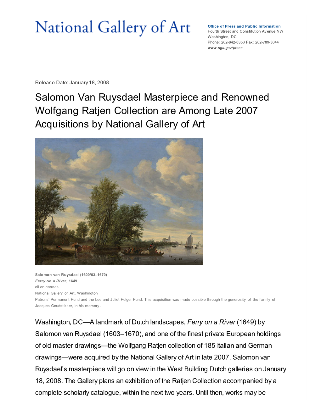 Salomon Van Ruysdael Masterpiece and Renowned Wolfgang Ratjen Collection Are Among Late 2007 Acquisitions by National Gallery of Art