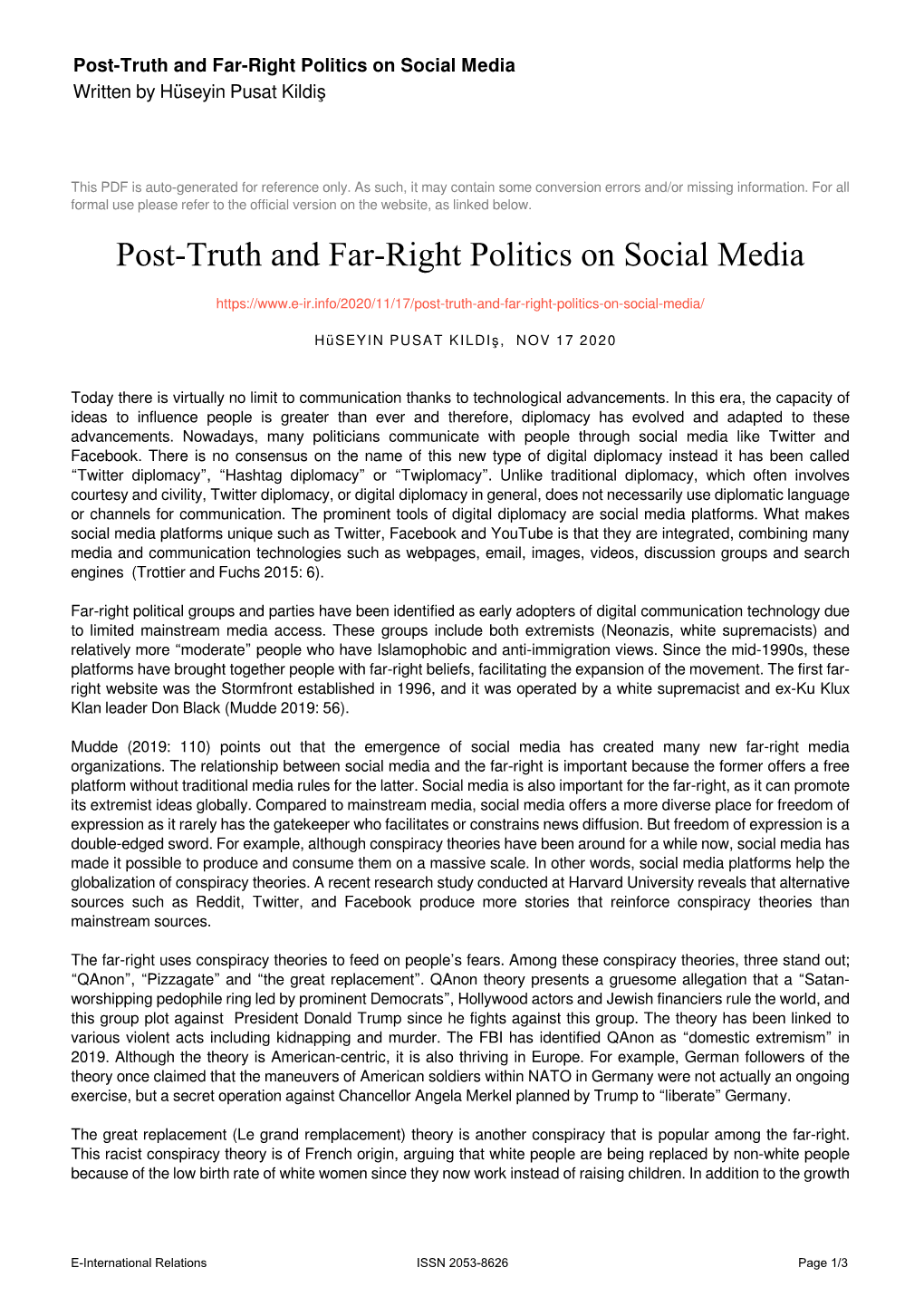 Post-Truth and Far-Right Politics on Social Media Written by Hüseyin Pusat Kildiş