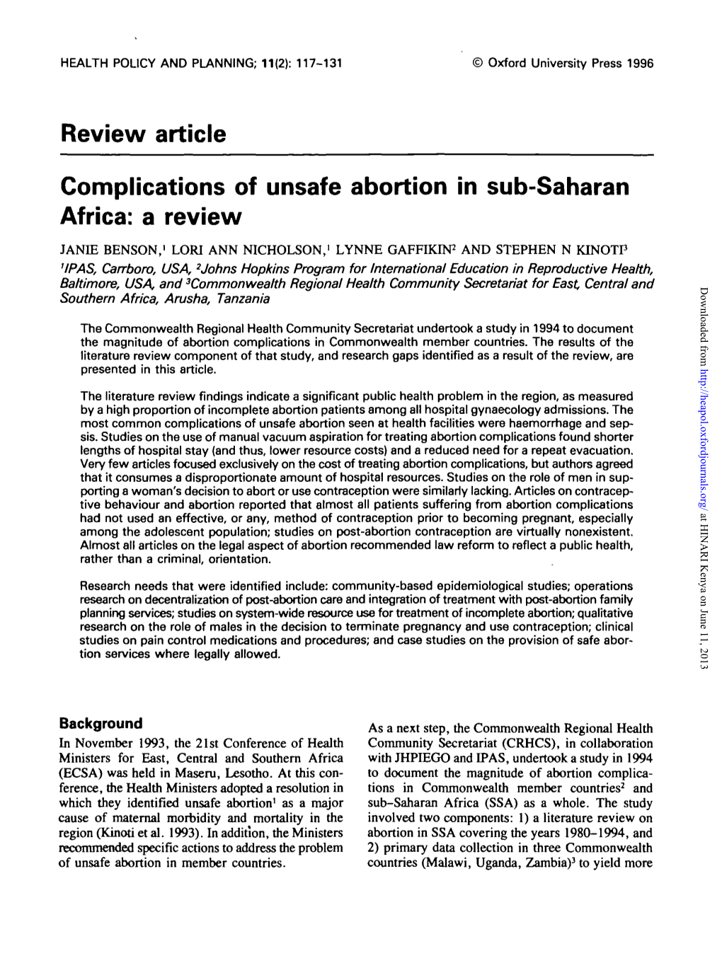 Review Article Complications of Unsafe Abortion in Sub-Saharan Africa