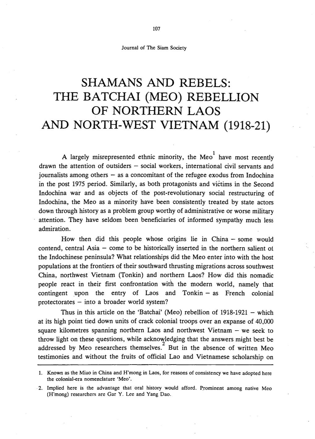 Shamans and Rebels: the Batchai (Meo) Rebellion of Northern Laos and North-West Vietnam (1918-21)