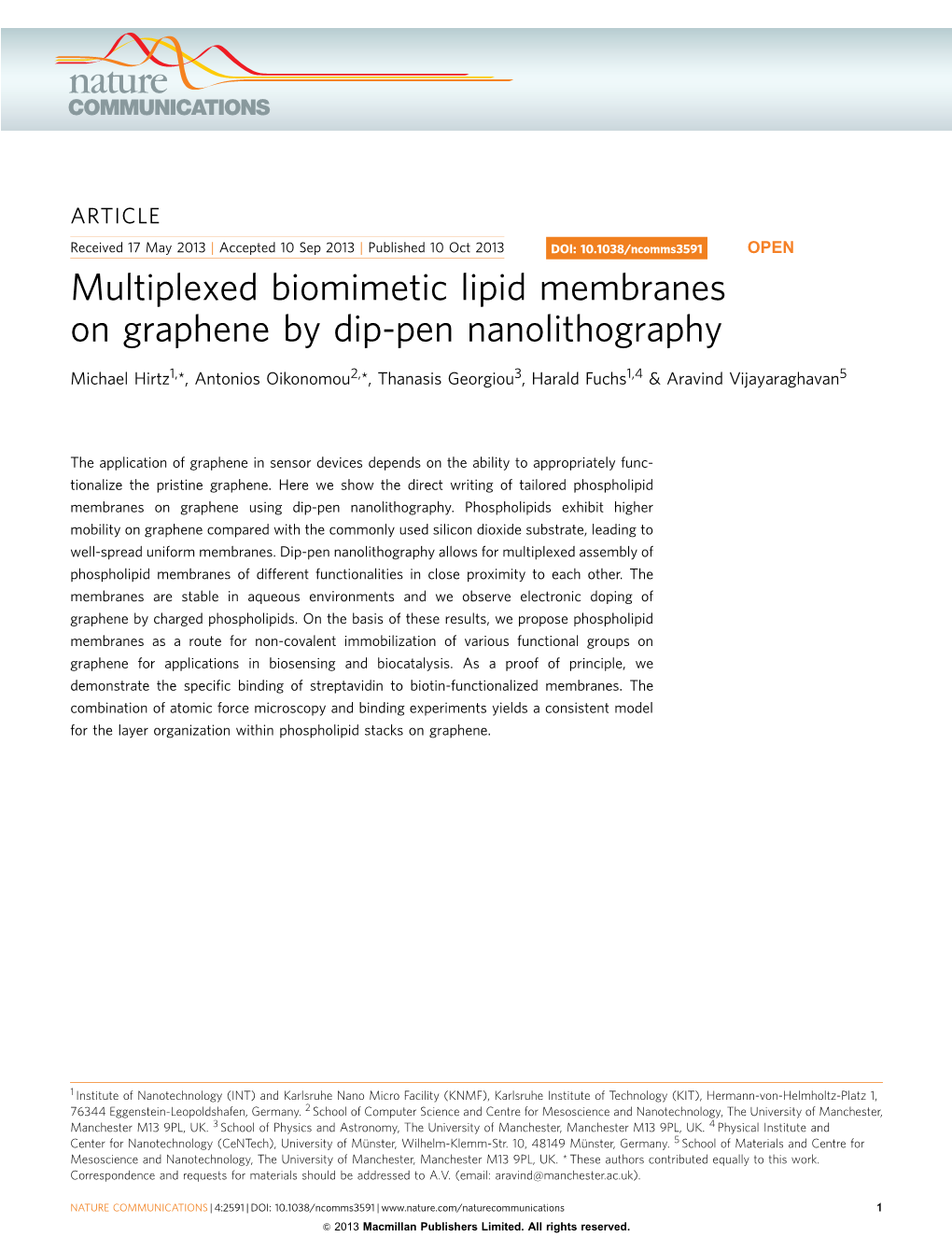 Multiplexed Biomimetic Lipid Membranes on Graphene by Dip-Pen Nanolithography