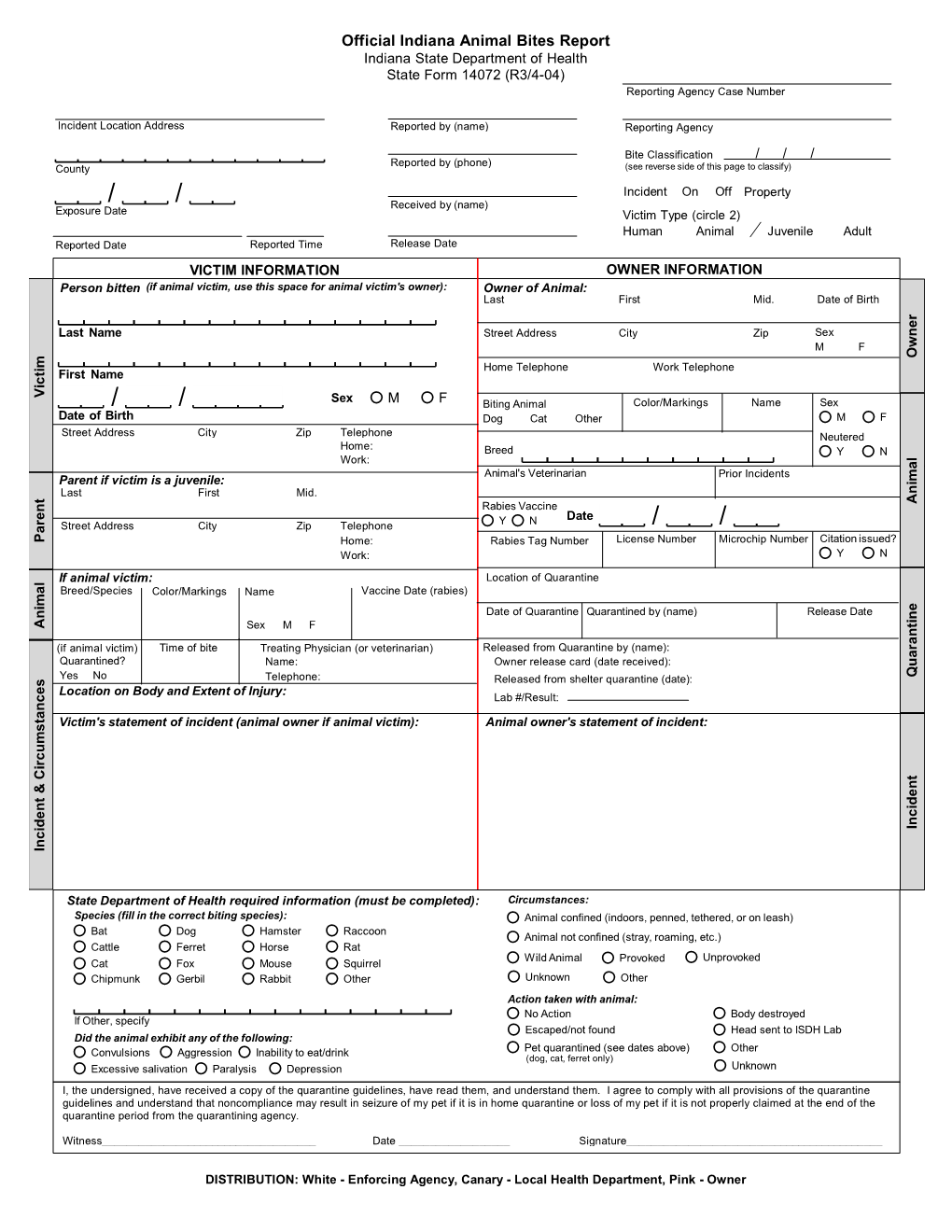 Official Indiana Animal Bites Report Indiana State Department of Health