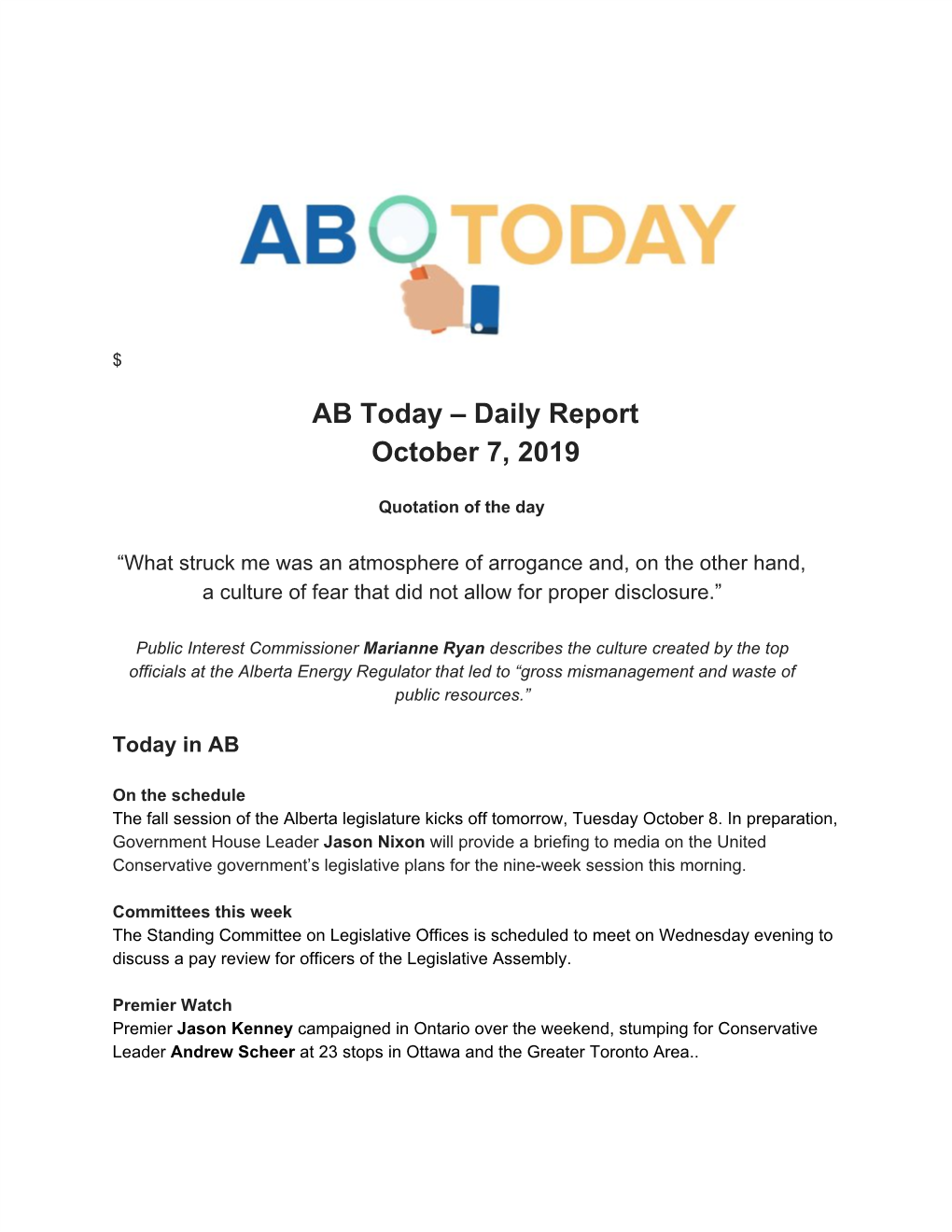 AB Today – Daily Report October 7, 2019