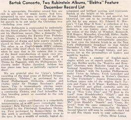 Bartok Concerto, Two Rubinstein Albums, "Elektra" Feature