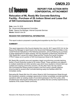 Relocation of ML Ready Mix Concrete Batching Facility - Purchase of 29 Judson Street and Lease out of 545 Commissioners Street