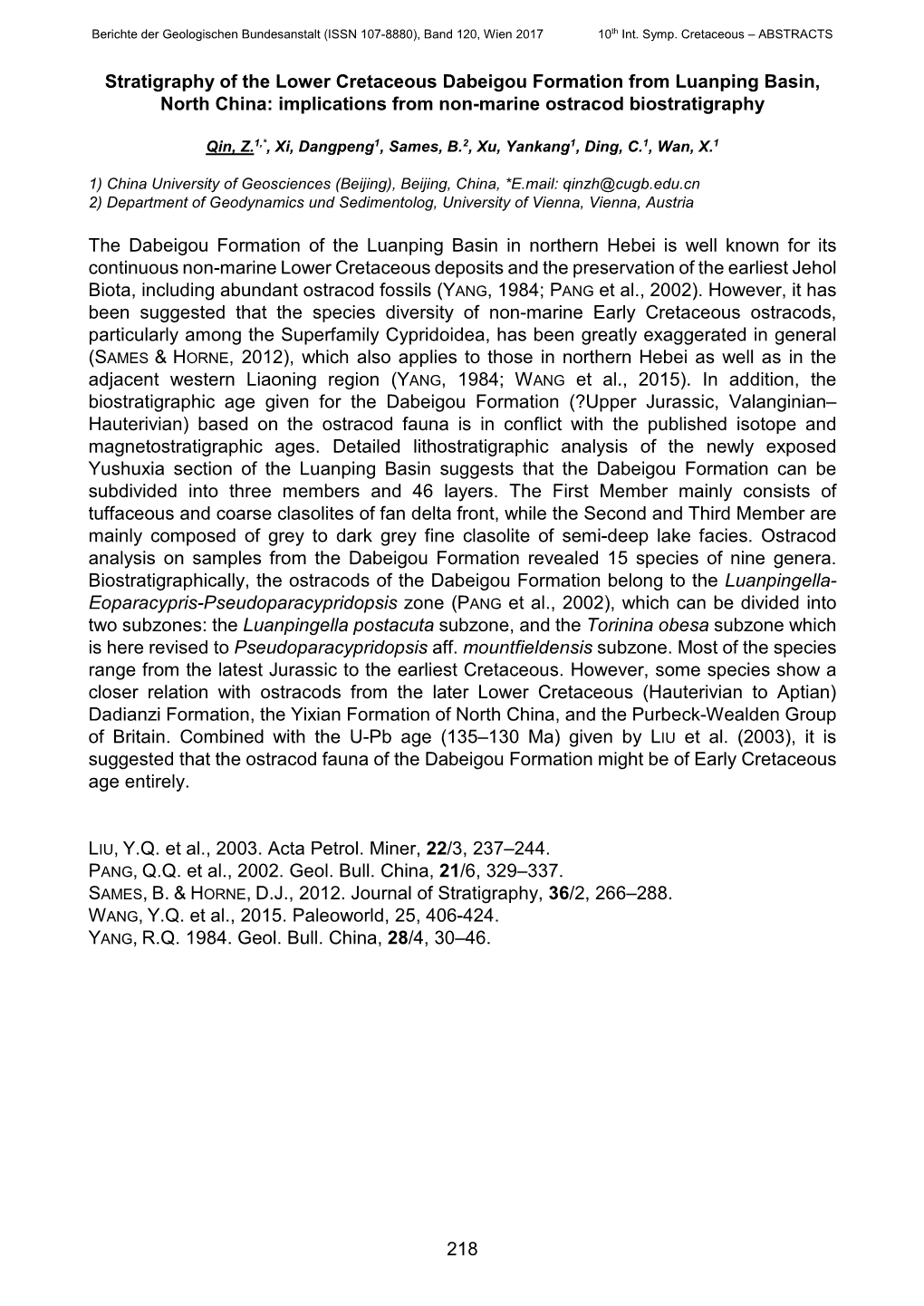 218 Stratigraphy of the Lower Cretaceous Dabeigou Formation from Luanping Basin, North China: Implications from Non-Marine Ostra