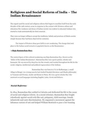 Religious and Social Reform of India – the Indian Renaissance