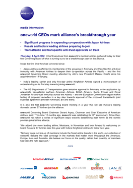 Oneworld Ceos Mark Alliance's Breakthrough Year