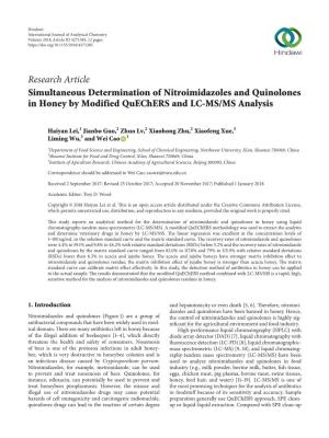 Simultaneous Determination of Nitroimidazoles and Quinolones in Honey by Modified Quechers and LC-MS/MS Analysis