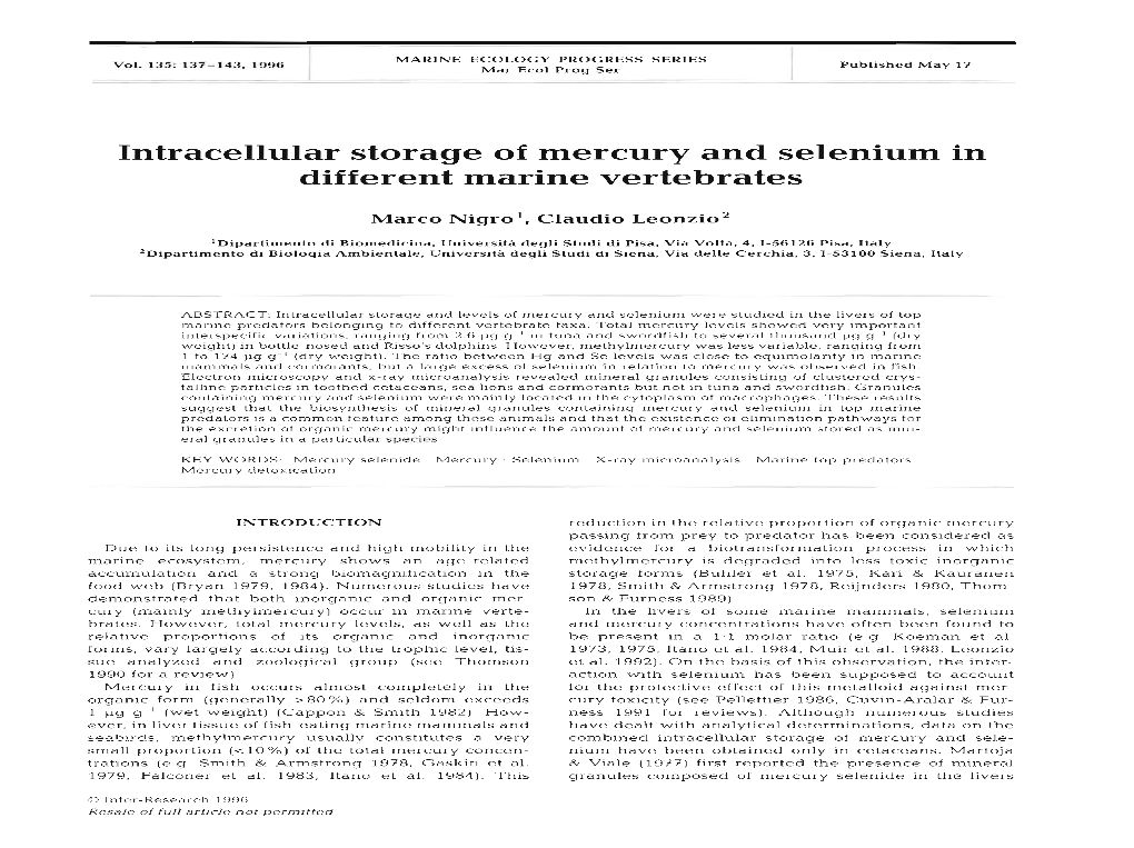 Intracellular Storage of Mercury and Selenium in Different Marine Vertebrates