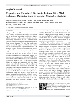 Cognitive and Functional Decline in Patients with Mild Alzheimer Dementia with Or Without Comorbid Diabetes