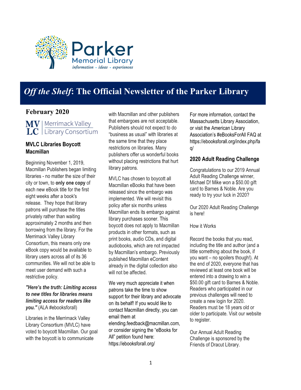 Off the Shelf: the Official Newsletter of the Parker Library
