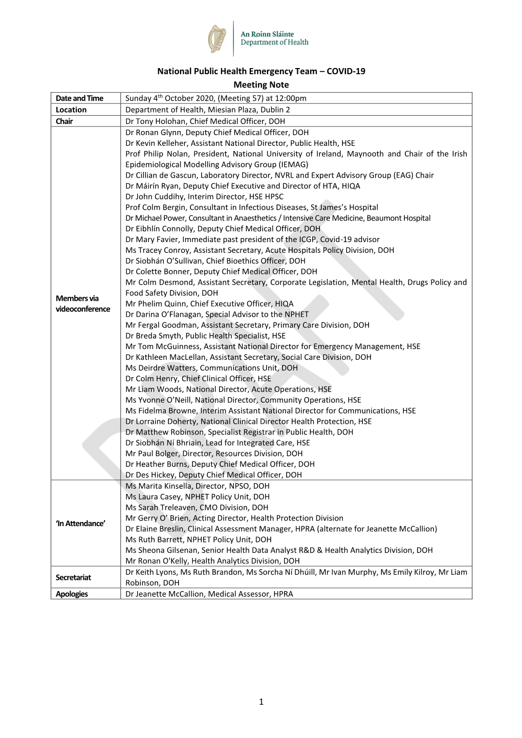 1 National Public Health Emergency Team – COVID-19 Meeting Note