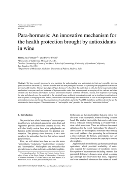 Para-Hormesis: an Innovative Mechanism for the Health Protection Brought by Antioxidants in Wine