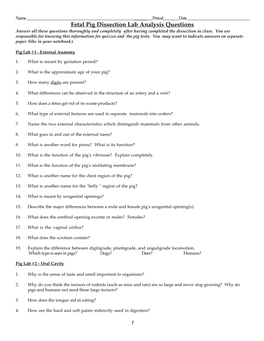 Fetal Pig Dissection Lab Analysis Questions Answer All These Questions Thoroughly and Completely After Having Completed the Dissection in Class