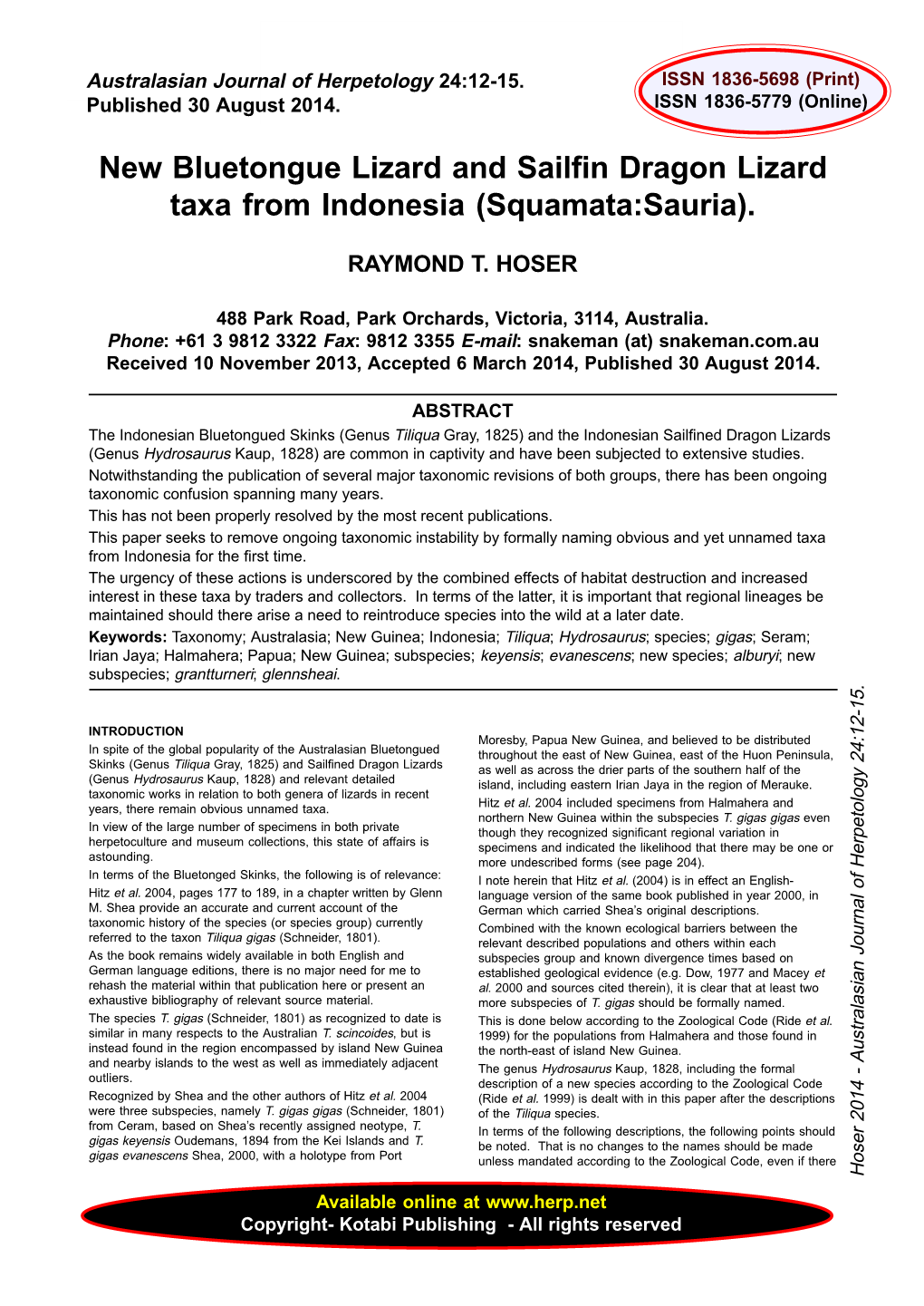 New Bluetongue Lizard and Sailfin Dragon Lizard Taxa from Indonesia (Squamata:Sauria)