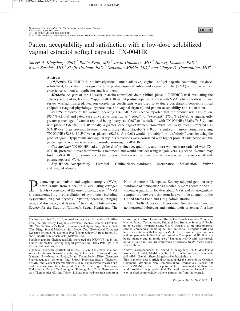 Patient Acceptability and Satisfaction with a Low-Dose Solubilized Vaginal Estradiol Softgel Capsule, TX-004HR