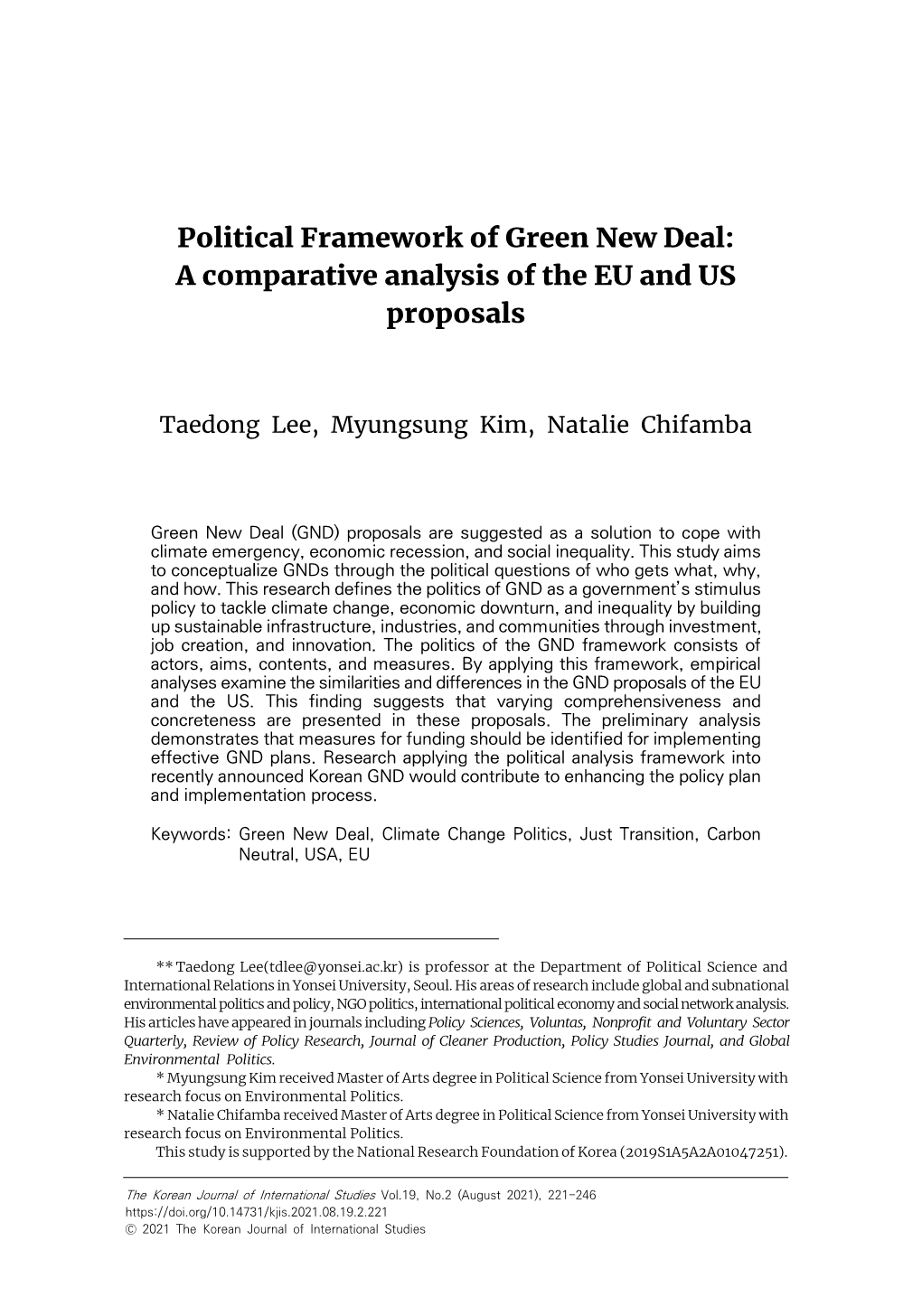 Political Framework of Green New Deal: a Comparative Analysis of the EU and US Proposals