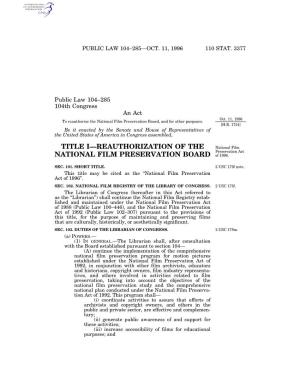 TITLE I—REAUTHORIZATION of the National Film Preservation Act NATIONAL FILM PRESERVATION BOARD of 1996