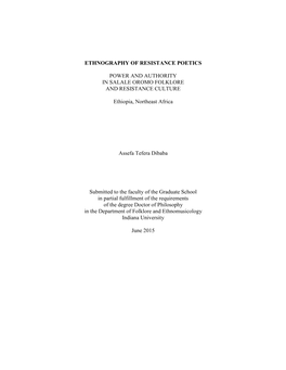 ETHNOGRAPHY of RESISTANCE POETICS Power and Authority in Salale Oromo Folklore and Resistance Culture, Ethiopia, Northeast Africa