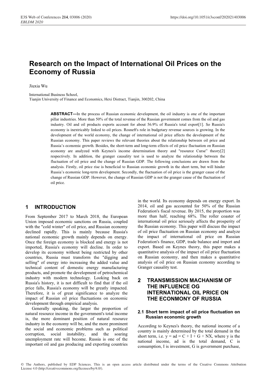 Research on the Impact of International Oil Prices on the Economy of Russia