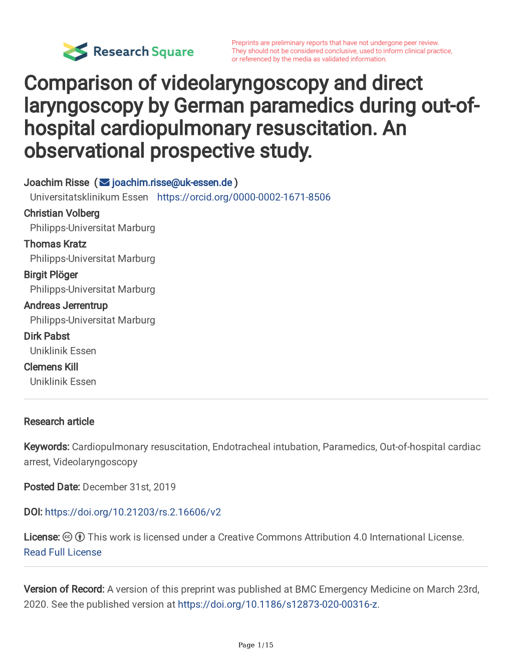 Comparison of Videolaryngoscopy and Direct Laryngoscopy by German Paramedics During Out-Of- Hospital Cardiopulmonary Resuscitation