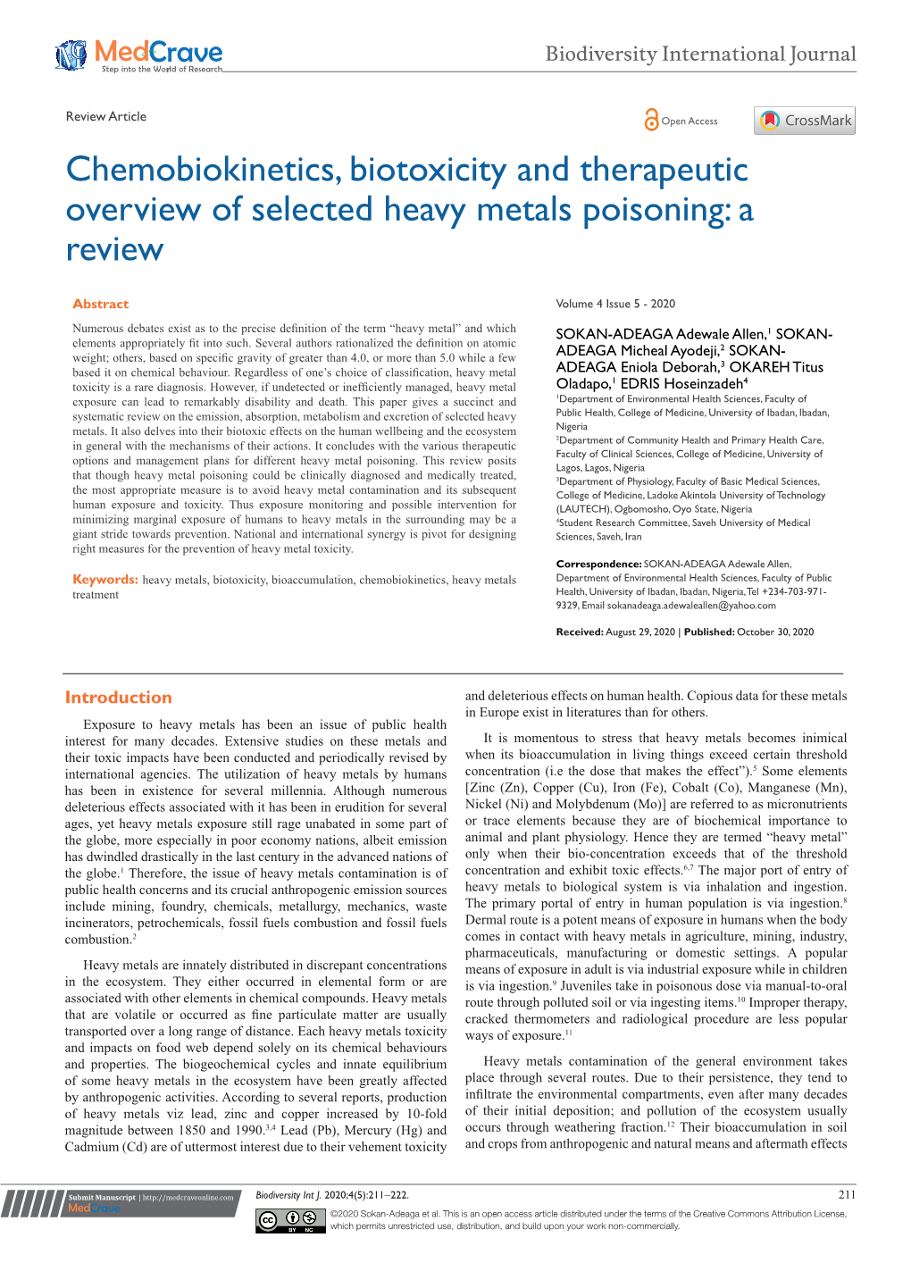 Chemobiokinetics, Biotoxicity and Therapeutic Overview of Selected Heavy Metals Poisoning: a Review