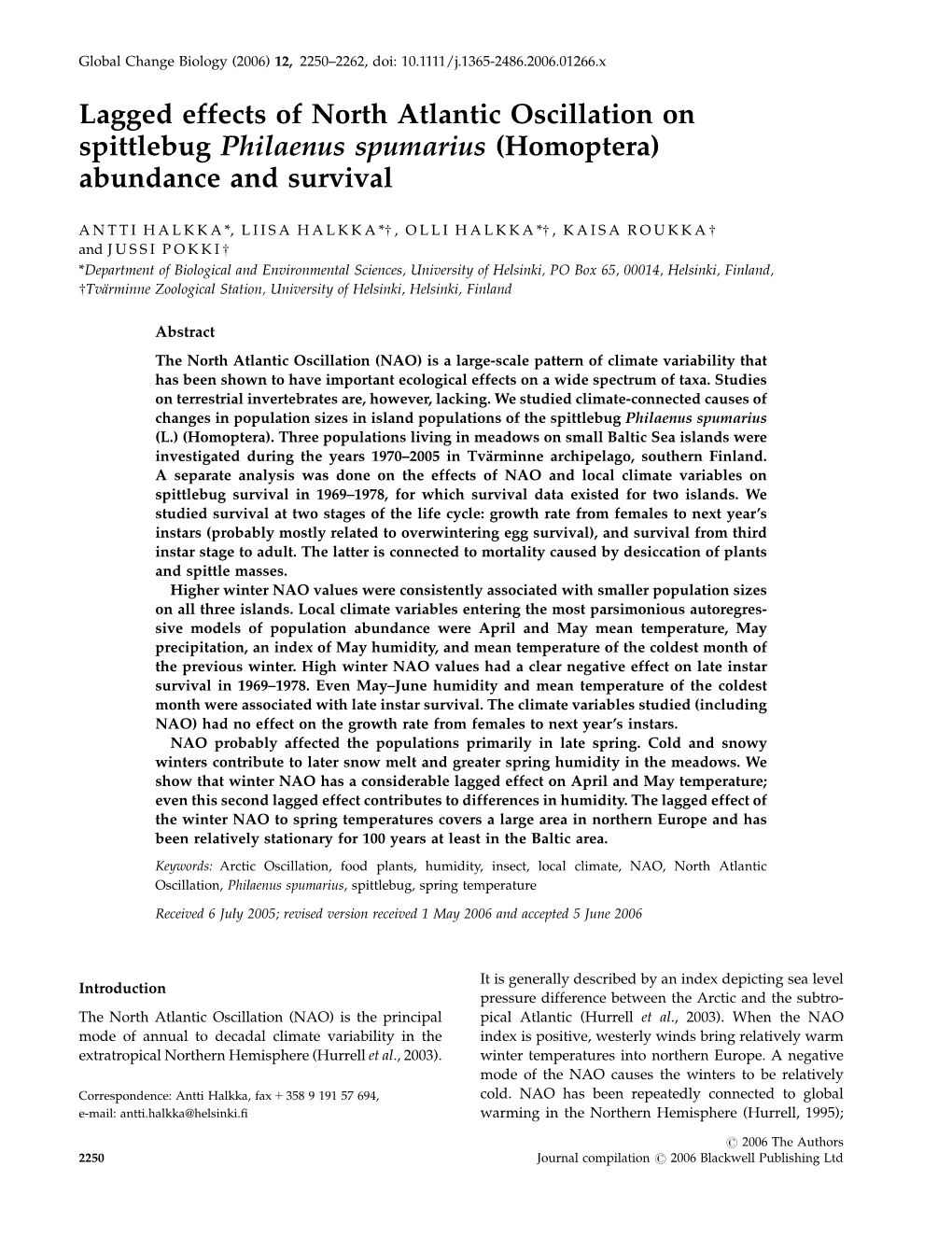 Lagged Effects of North Atlantic Oscillation on Spittlebug Philaenus Spumarius (Homoptera) Abundance and Survival