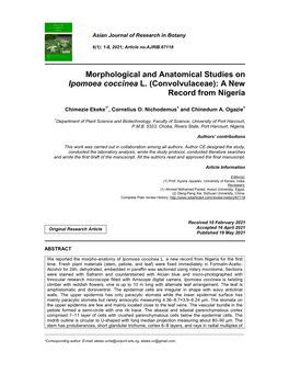 Morphological and Anatomical Studies on Ipomoea Coccinea L. (Convolvulaceae): a New Record from Nigeria