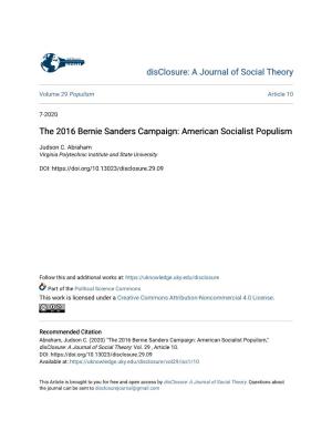 The 2016 Bernie Sanders Campaign: American Socialist Populism