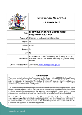 Summary Environment Committee 14 March 2019 Highways