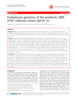 Evolutionary Genomics of the Pandemic 2009 H1N1 Influenza Viruses (Ph1n 1V) Yanhua Qu1, Ruiying Zhang1,3, Peng Cui1, Gang Song1, Ziyuan Duan2* and Fumin Lei1*